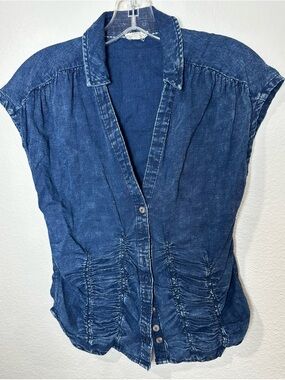 Pilcro Anthropologie Denim Ruched Button Up Top Blue Cap Sleeve XS